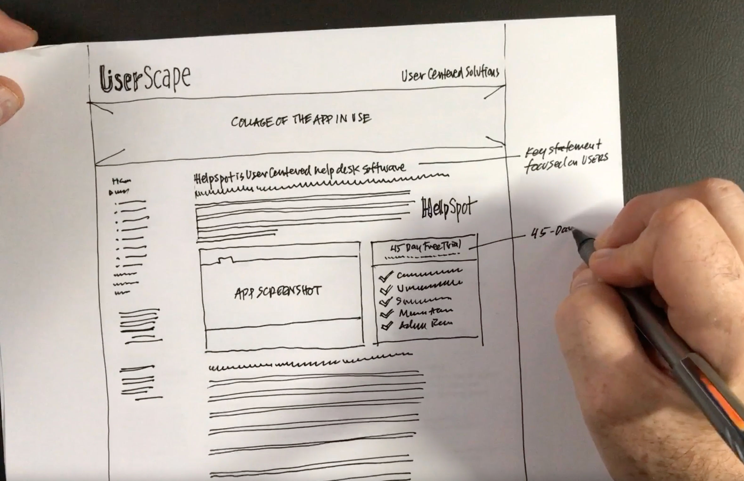 A screenshot from an IxDF Master Class webinar that shows Mike Rohde sketching a website on paper.